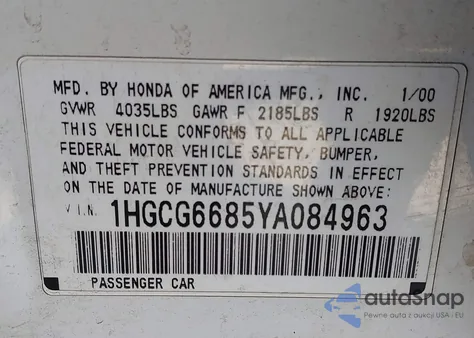 2000 Honda Accord 2.3 Ex z USA, uszkodzony, nr VIN 1HGCG6685YA084963